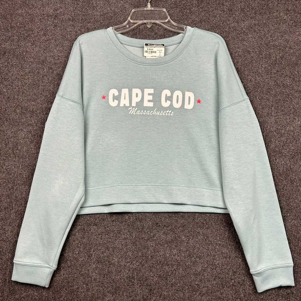 ALL CLOUD Cape Cod Mass. Large Long Sleeve Crop Sweater Slate Blue Beach Coastal - Picture 1 of 13